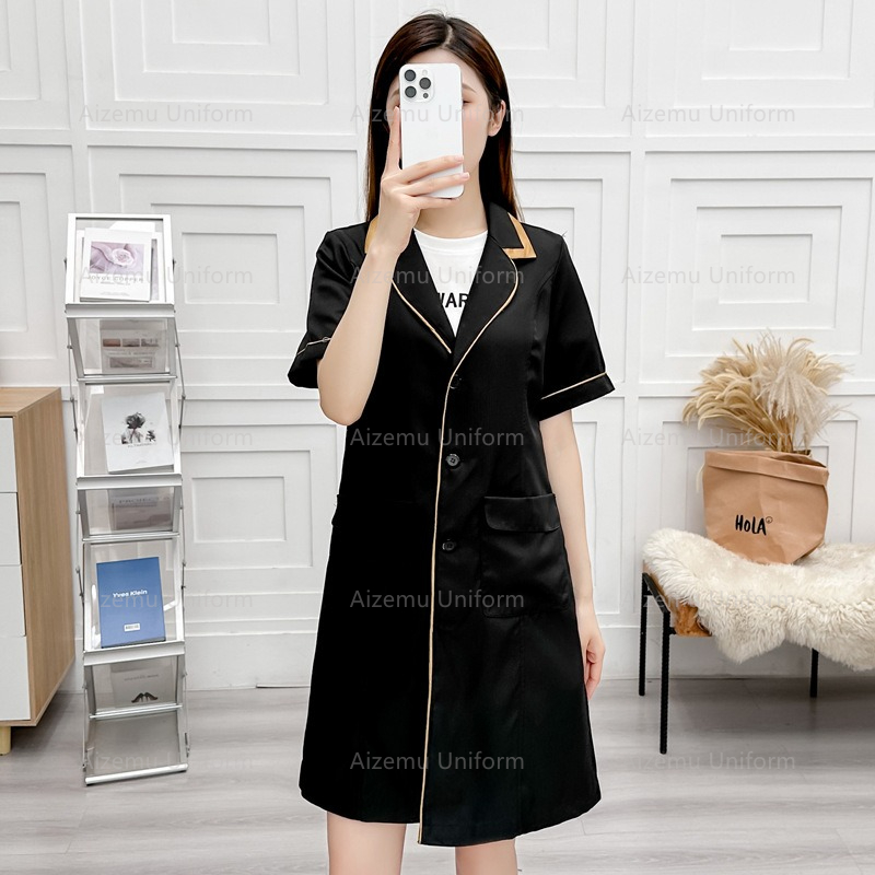 Lab Coat Medical - zwart schoonheidsuniform met schoonheidsspecialiste gewaad damessalon